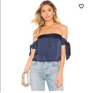 Superdown navy silk crop blouse with arm ties
